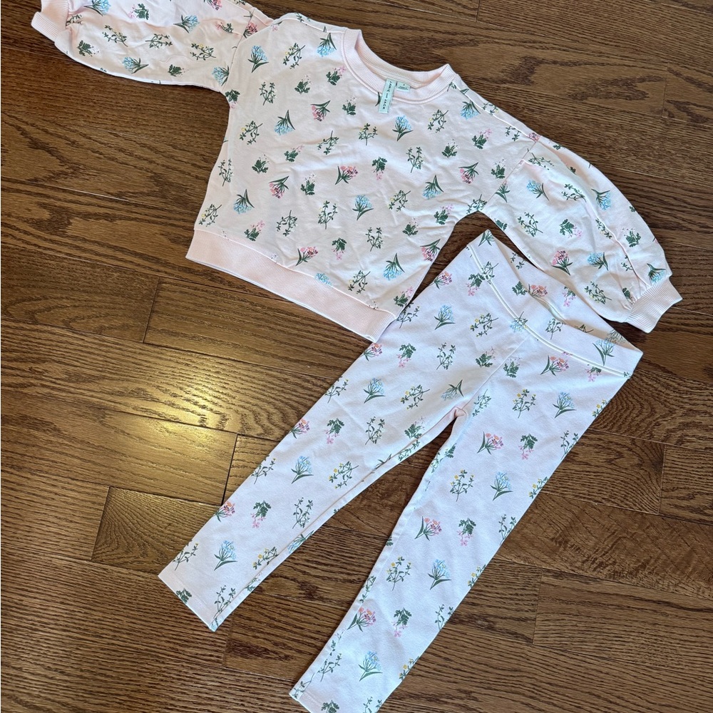 Pink floral Janie and Jack ponte pant and sweatshirt set with puff sleeves